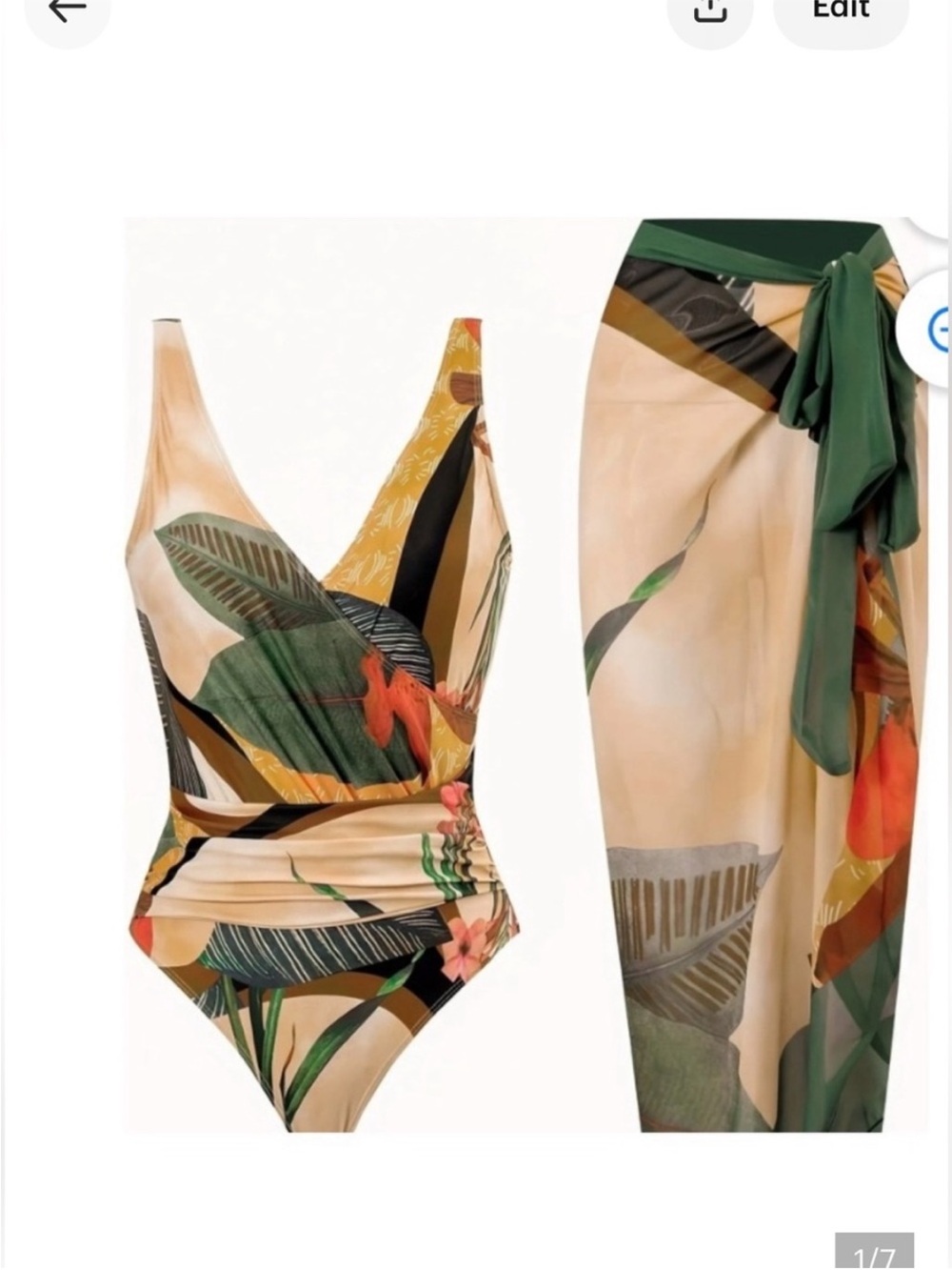 Amazon Beige and Green Tropical One-Piece Swimsuit with Sarong